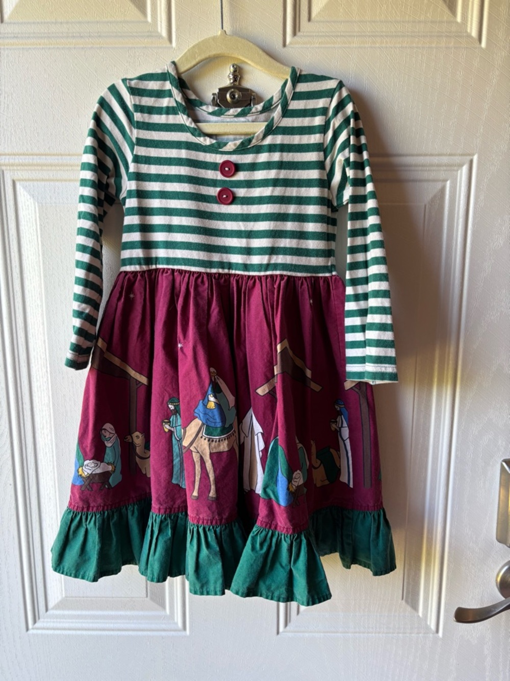 Eleanor Rose Green & Burgundy Striped Nativity-Print Dress